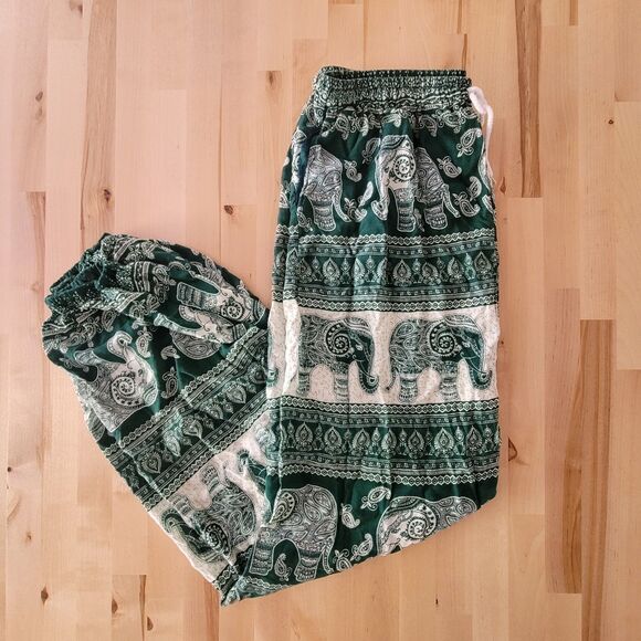 Pants - CLEARANCE Harem Pants Green White Boho Hippie Elephant Small Gathered Ankle